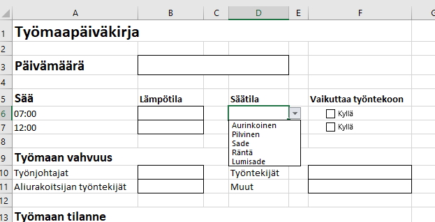 Excel työmaapäiväkirja